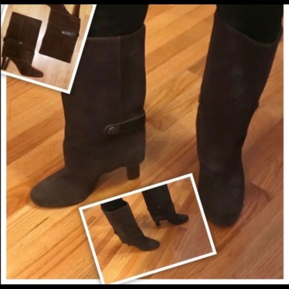 TAHARI HARPER BROWN SUEDE MID-CALF FOLD-OVER BOOTS